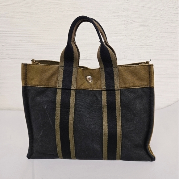 Hermes Canvas Fourre Tout Holdall Tote Bag in Green and Navy Size PM - Picture 1 of 16